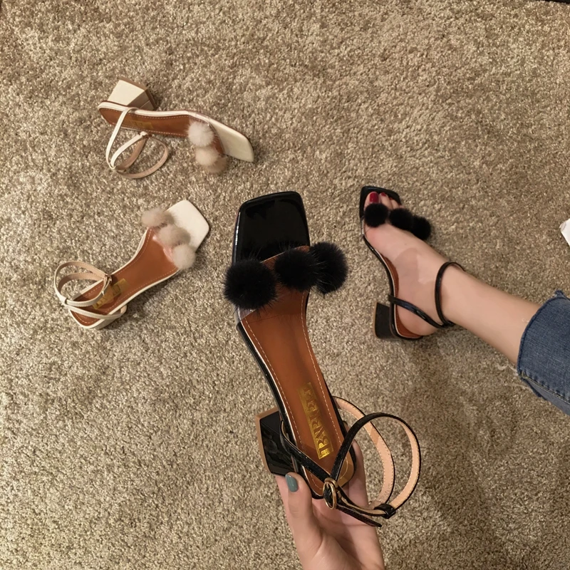 

Women's shoes sandals thick with high heels 2019 summer thin belt transparent hair ball Roman shoes