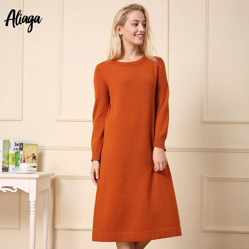 Новое поступление превосходное кашемировое платье женское осеннее длинное платье-свитер с круглым вырезом свободный трикотаж серый пуловер Джемпер - Цвет: Orange