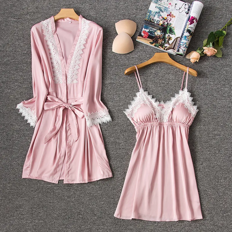 

Sexy Pink Twinset Robe Set Lace Sleepwear Rayon Nightgown Summer Kimono Bathrobe Gown Women's Home Clothes Casual Negligee