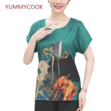 Summer simple casual printing round neck short-sleeved T-shirt Women's clothing Middle-aged comfortable large size Women's A77