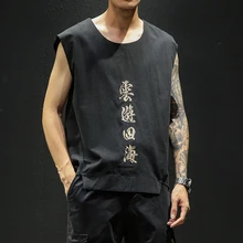 Мужской Топ без рукавов с вышивкой, хлопковый льняной жилет, хлопковые майки с круглым вырезом, Повседневная рубашка, нижнее белье