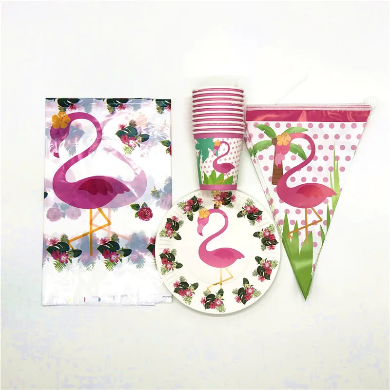 

Flamingo 31Pcs/Lot Boy Girl Happy Birthday Party 10Plates 10Cups 10Flags 1Tablecloth Family Party Wedding Tableware Set Supplies