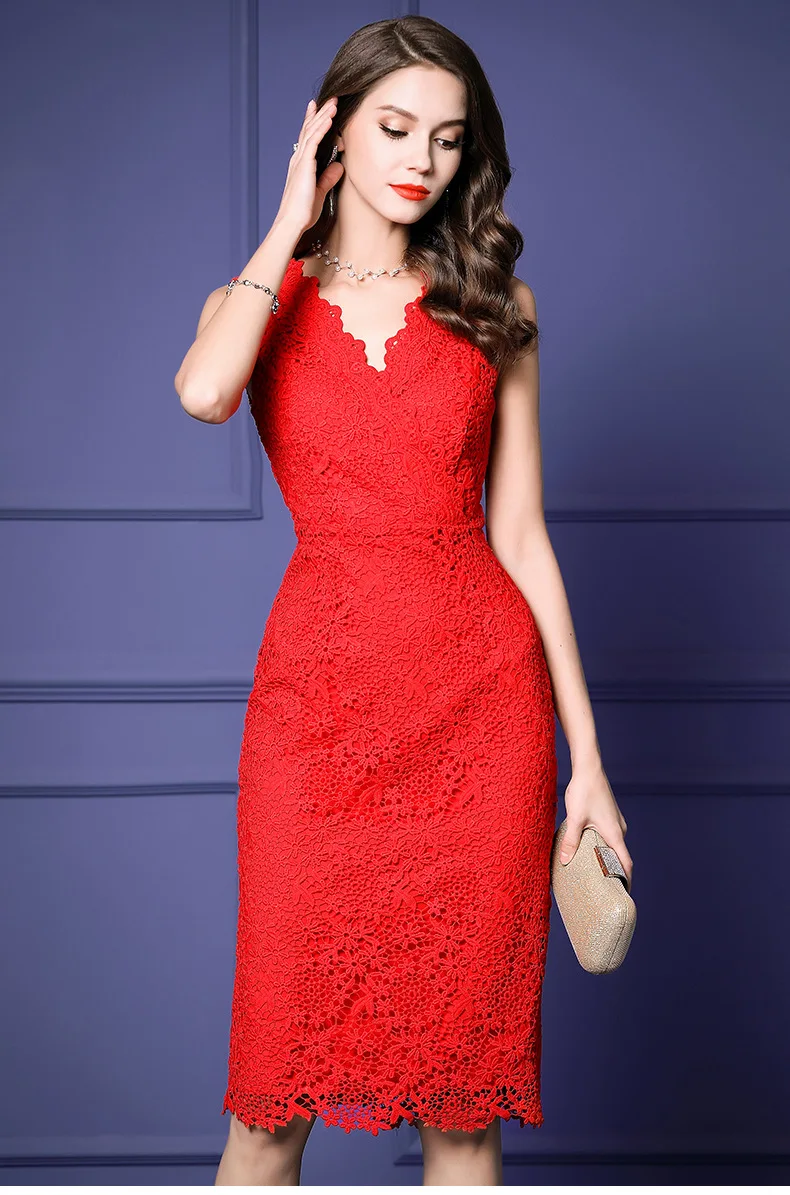 Новое поступление, кружевное красное летнее платье с v-образным воротником, длинное обтягивающее элегантное на выход платье