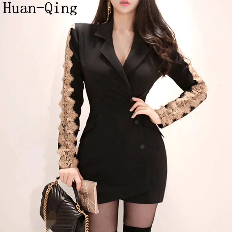 Korean Black Blazers Coat Autumn Women Single breasted Suit Collar Slim