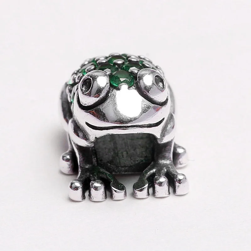 New 925 Sterling Silver Animal Bead Charm Cute Frog With Green Crystal