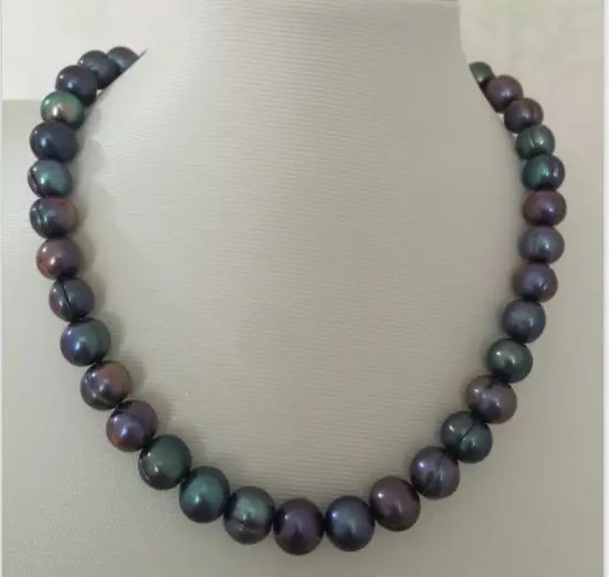

stunning10-12mm tahitian black green pearl necklace 925silver