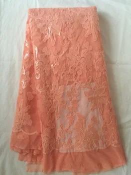 

Pink color wholesale embroidered net lace fabric with sequins CGL-81401 good quality French net lace for wedding dress!