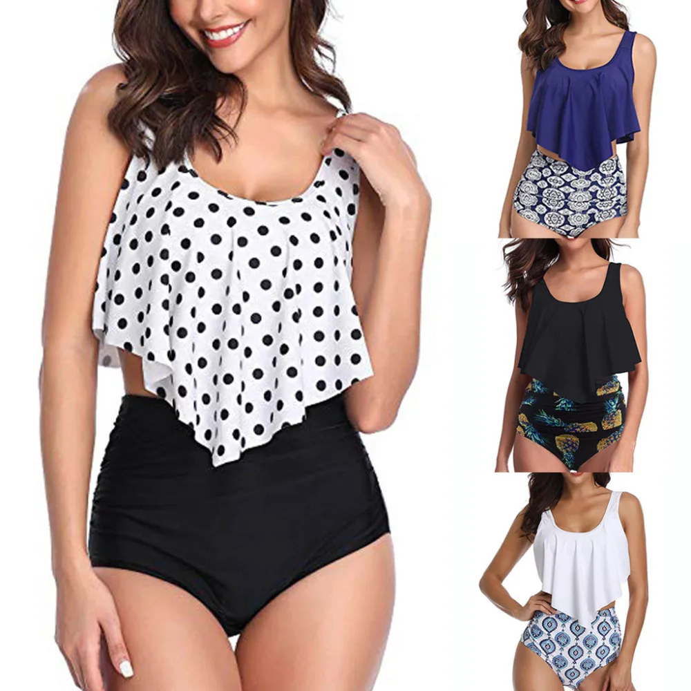 

2019 New Summer Women Solid Push Up Bikini Padded Bra Ruffled With High Waisted Bottom Bikini Set Tankini Switmsuit