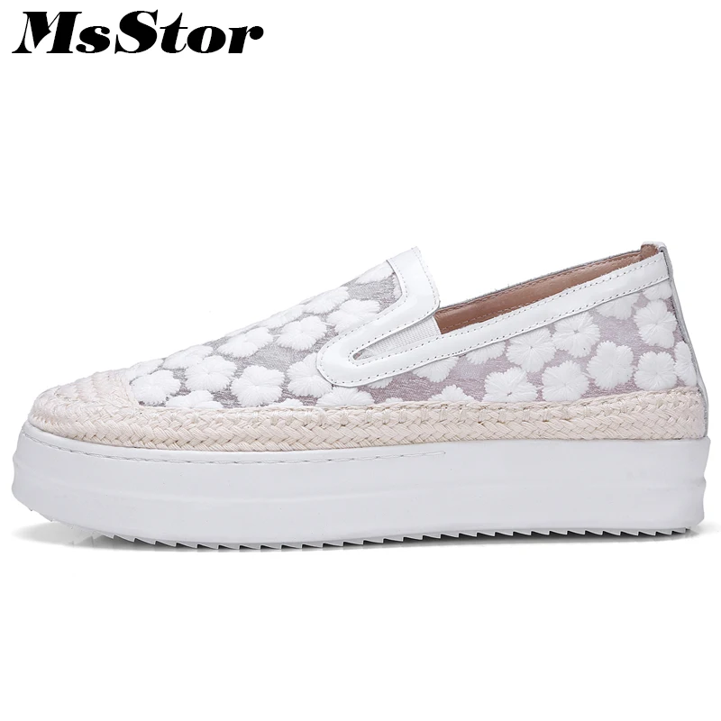 Glissement Mode Msstor Pour Plats blanc Rose Plates Respirant Rond 2018 Printemps Broder Bout Mesh Chaussures Nouveau Mocassins Femmes Blanc Sur Décontracté SqZXS