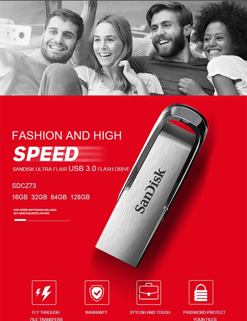 SanDisk ультра чутье USB 3,0 USB флеш-накопитель 16 ГБ 32 ГБ 64 ГБ 128 ГБ флеш-накопитель карта памяти 10 лет гарантии