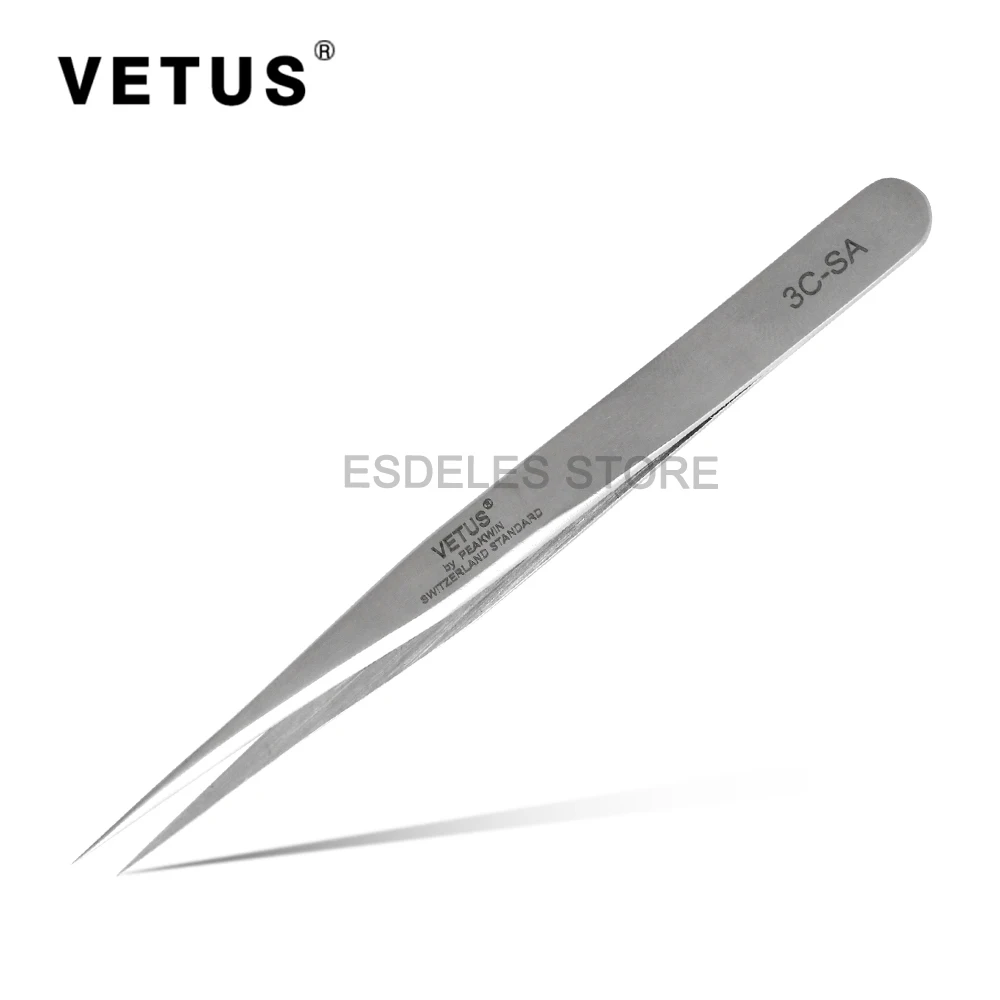 

10PCS Genunie VETUS 3C-SA Stainless Steel Tweezer Antimagnetic Anti-Acid Tweezers Straight Forceps Precision Makeup Repaire Tool