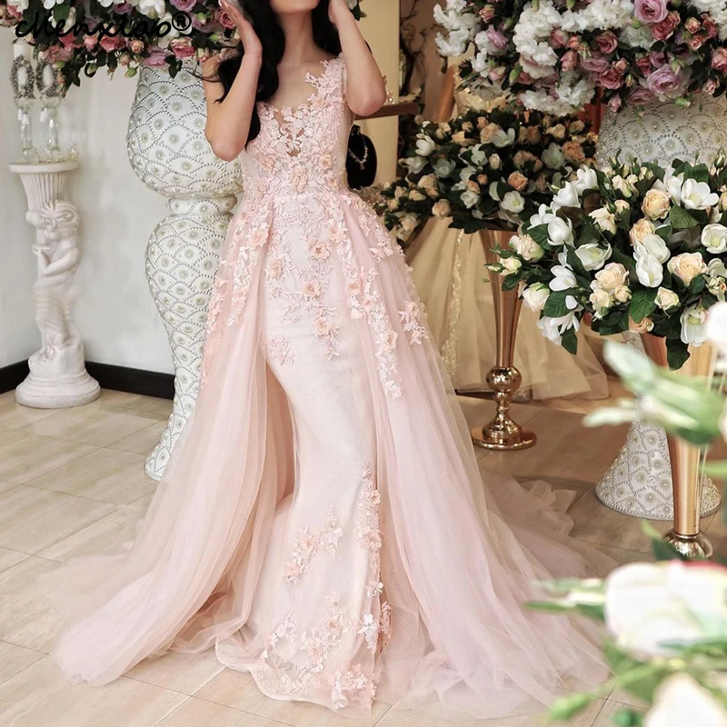 

2019 New Listing Pink Evening Dresses Lace Appliques Beading Court Train Long Evening Dress Formal Party Gowns Vestidos
