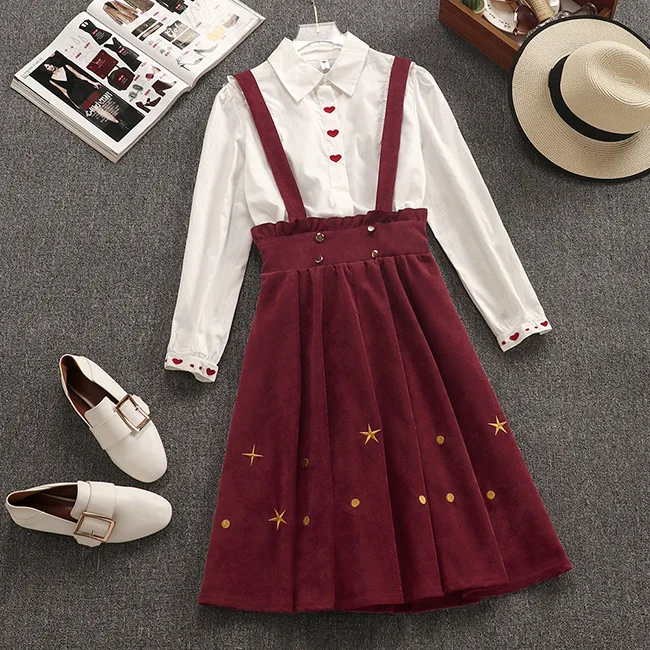 

Oshangchaopin Women Fashion Elegant OL 2-Piece Sets Long Sleeve Ruffles White Shirts+Vintage Elastic High Waist Suspenders Skirt