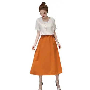 

2019 Summer Women Cotton Linen Sets Solid Color Wild Short-sleeved White Tee+Long Skirt Sets Casual Two-piece Female M-2XL