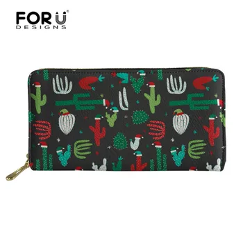 

FORUDESIGNS Christmas Cactus Women Wallet Female Long Zipper Wallets PU Leather Lady Purse Card Phone Holder Money Wallets