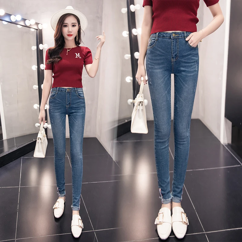 Jielur корейская мода леди с высокой талией джинсы для женщин Винтаж плюс размеры тонкий карандаш мотобрюки джинсовые узкие для Жан Femme 2019