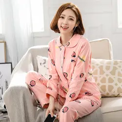 Женская Весенняя пижама из хлопка с длинными рукавами, Корейская пижама с принтом, домашняя одежда, одежда для сна с отложным воротником