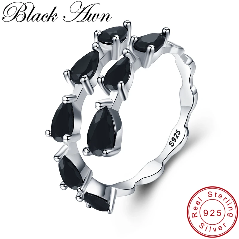 

[BLACK AWN] Cute 925 Sterling Silver Jewelry Black Spinel Elegant Wedding Rings for Women Open Finger Ring G062