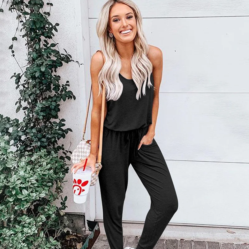 Overalls Women Tank Jumpsuit Romper 2019 Vintage Cotton Pantalon V Neck Sleeveless Playsuit Female Casual Slim Summer Pant Femme