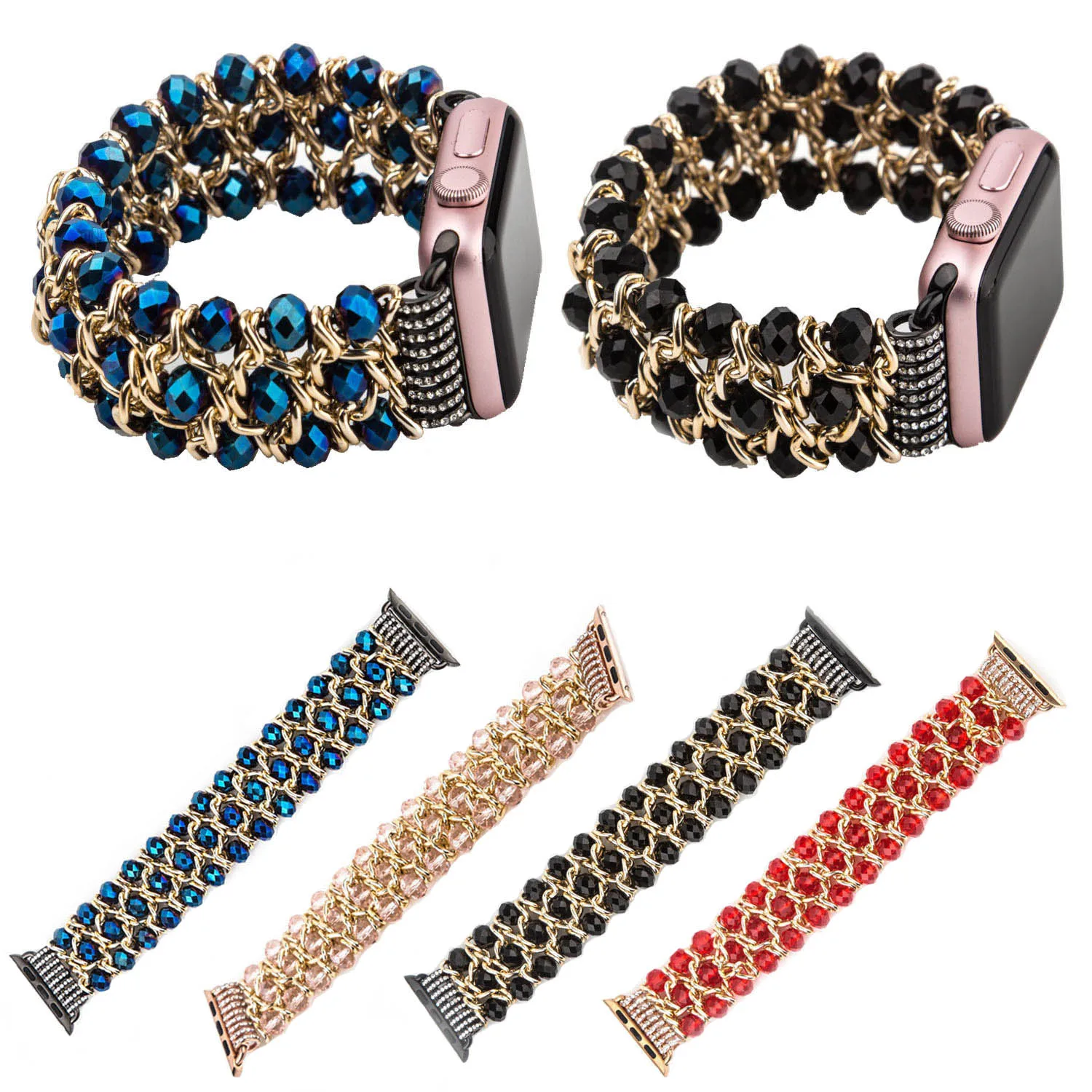 

Fashion Beaded Chain for Apple Watch Series 3 Band 38/42mm Strap for iWatch Series 2 1 Wristband Metal Jewelry Stretch Bracelet