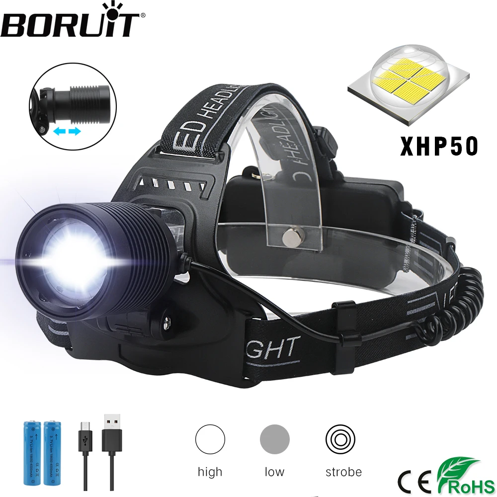 BORUiT H02 светодиодный налобный фонарь XPH50 3000lm мощный налобный фонарь с 3 режимами Zoom головой факел 18650 Перезаряжаемые фонарик для рыбалки и походов