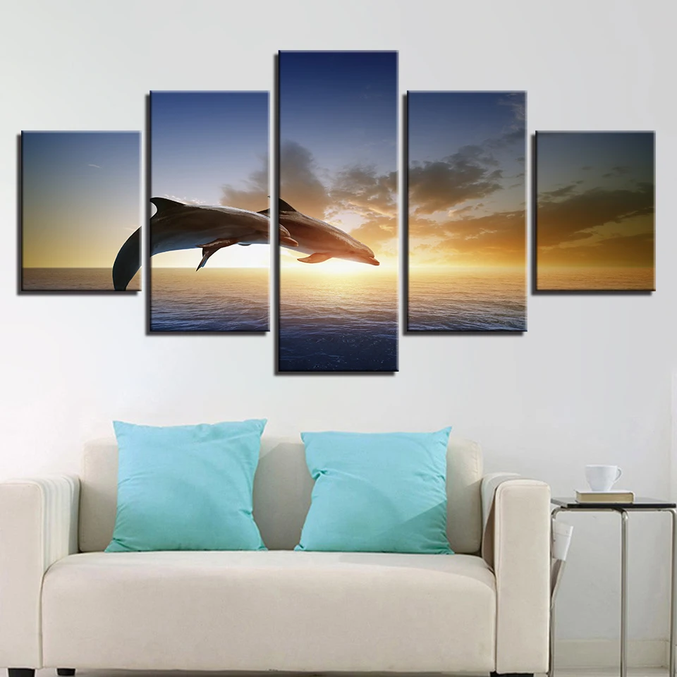 

Canvas Wall Art Pictures Living Room Decor 5 Pieces Jumping Dolphins Animal Paintings HD Prints Sunset Seascape Poster Framework