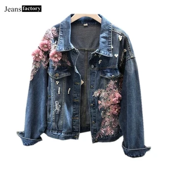 

Embroidery 3D Flowers Denim Jacket Female Long Sleeve Jeans Jacket Women Spring Autumn Pearl Beaded Jackets Lady Casual Coats