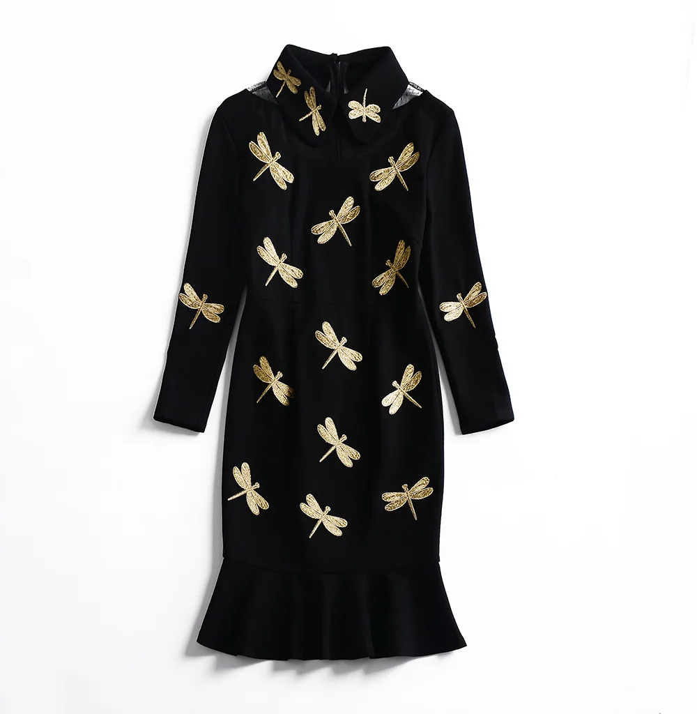 Audrey hepburn dress 2018 autumn fashion gold dragonfly embroidery Audrey hepburn dress 2018 autumn fashion gold dragonfly embroidery
