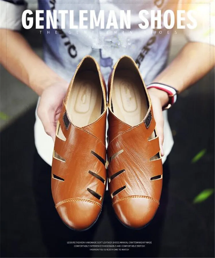 Летний вырезами мужские деловые с круглым носком Мужская обувь сандалии дышащие Британские кожаные кеды