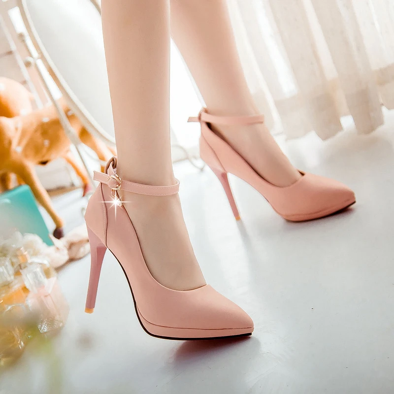 

2016 Pointed Toe High Ankle Strap Heels Blue Pink Nude Pu Leather Pointy Belt Buckle Platform Wedding Dress Women Shoes Pumps