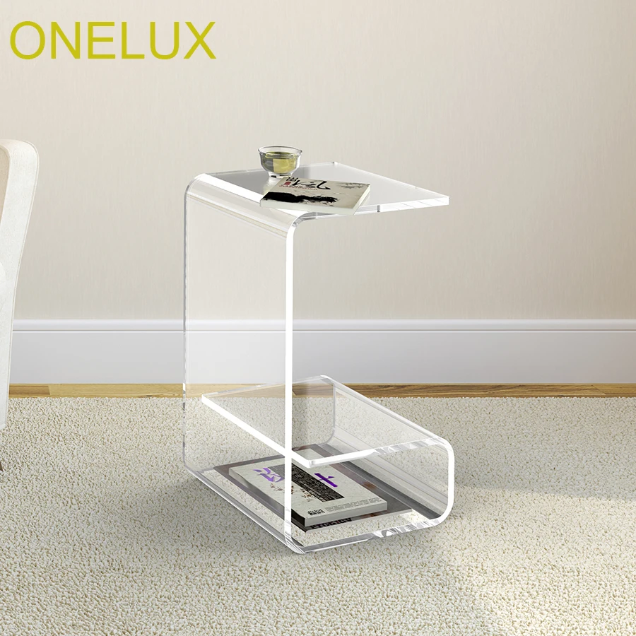 Waterfall Acrylic Sofa Table With Magazine Rack, Lucite Occasional Small Tea Table - 30W 35D 50H CM Waterfall Acrylic Sofa Table With Magazine Rack, Lucite Occasional Small Tea Table - 30W 35D 50H CM