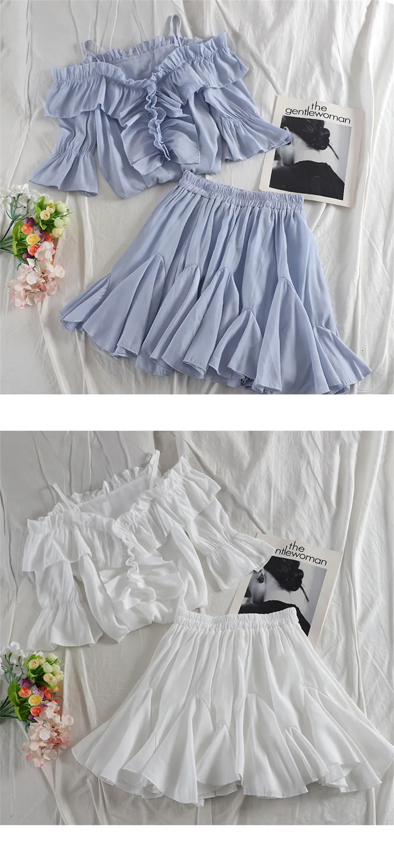 Летний женский модный короткий топ с расклешенными рукавами и плиссированная мини-юбка, корейский женский комплект из 2 предметов