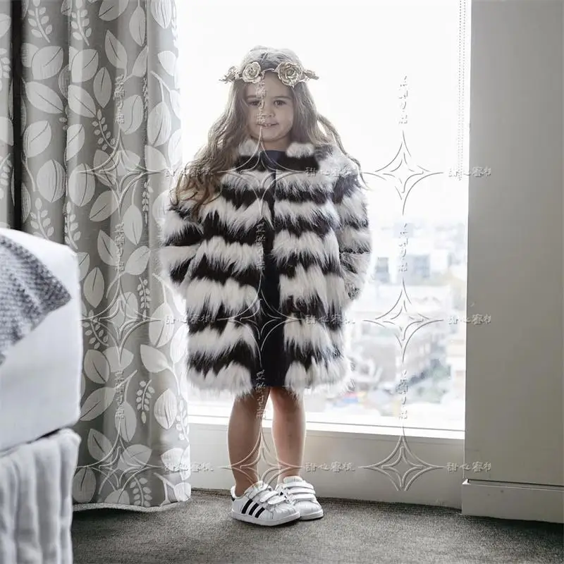 

2018 Children Warm Winter Faux Fox Fur Fashion Coats Black White Striped Long Section Fur Jackets European Style Slim Girl Cloth