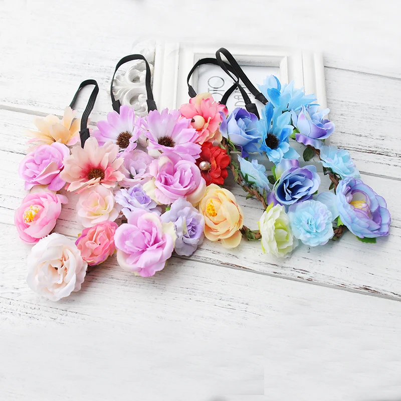 

Flowers headwear bride bridesmaid flower girl wreath garland dance headdress photo props elastic Hair band kid baby best gift