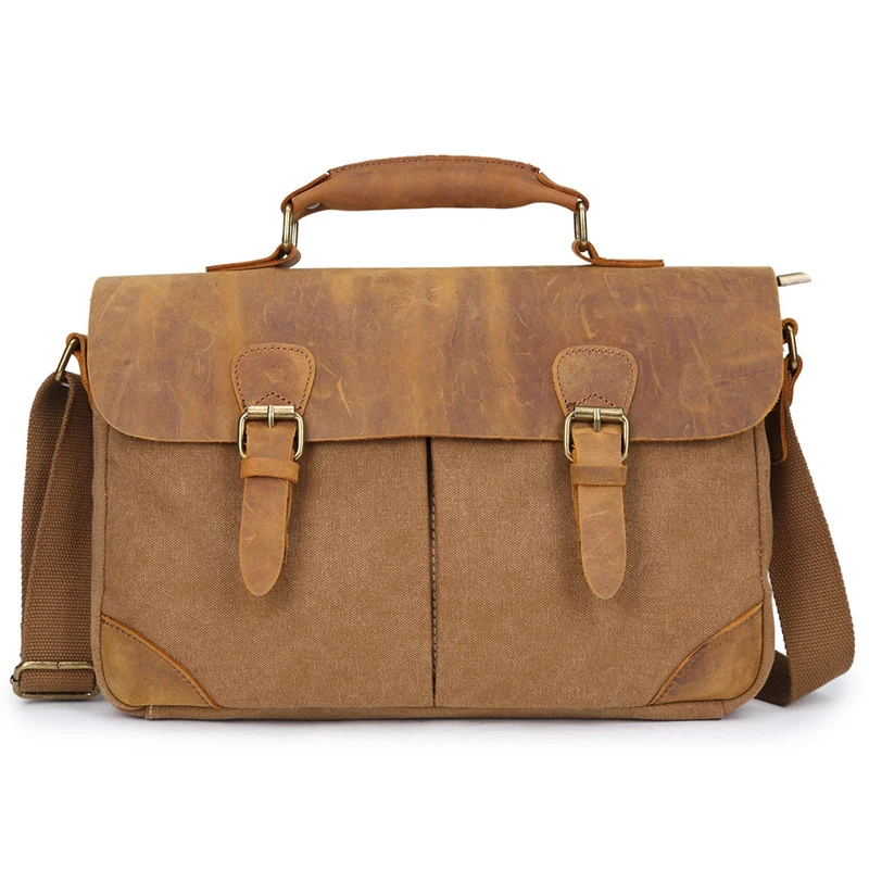 Brand New Crazy Horse Genuine leather Canvas Vintage Men Briefcase