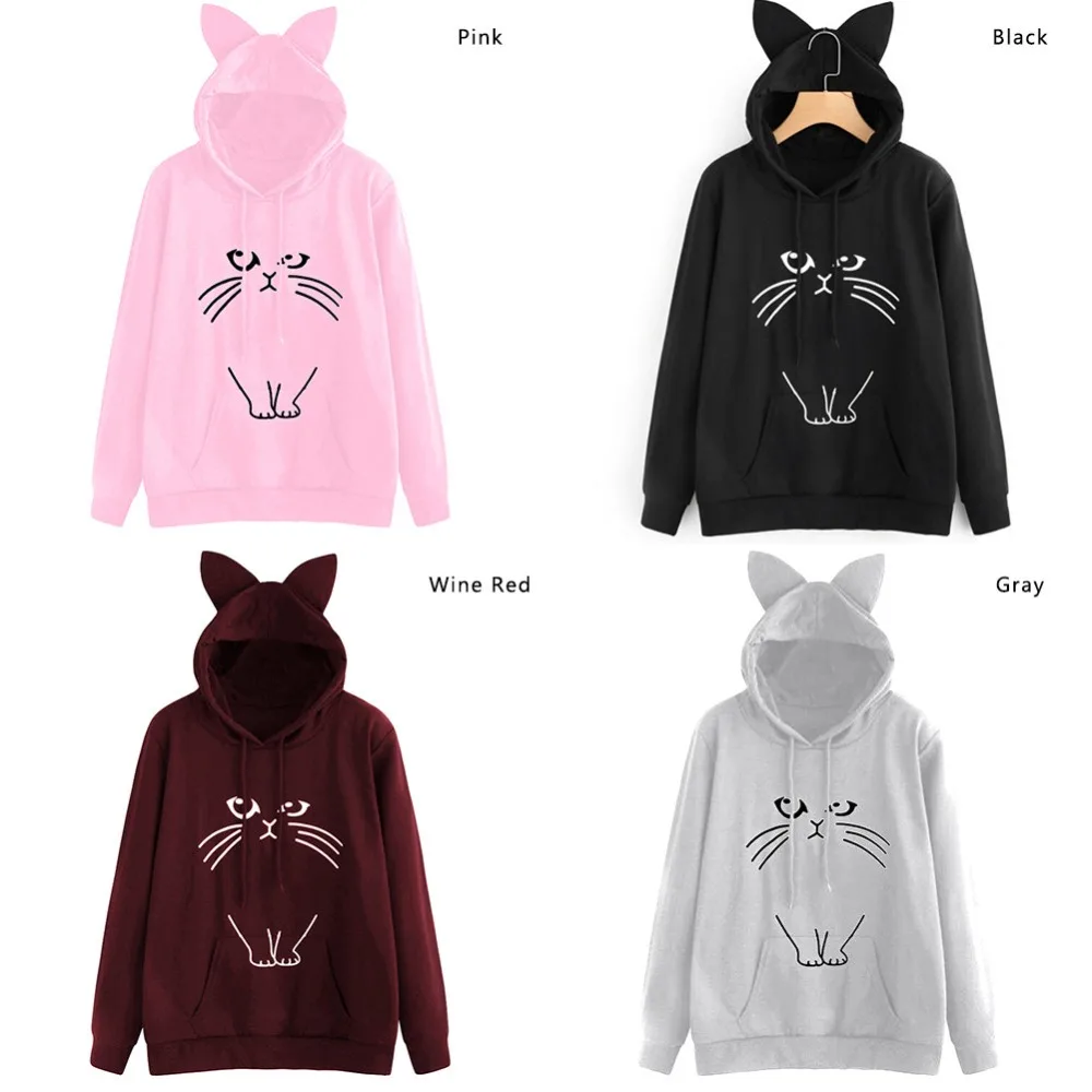 Новые красивые удобные толстовки с капюшоном Kawaii розовый зимний рисунок кота модный длинный рукав ушками с капюшоном для Pregnants свитшоты#295800