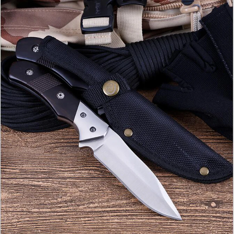 Online Alta calidad Camping táctico cuchillo fijo cuchillo de caza al aire libre cuchillos de supervivencia herramienta de rescate cuchillo recto y vaina
