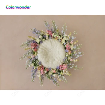 

Colorwonder Flesh-colored Backgrounds White Wool Circle with Colorful Flowers Photography Backdrops for Baby Infant Photo Studio