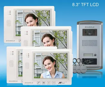 

ZHUDELE 4-WIRED New style 8.3" white video door phone ,ID card unlocked ,nightvision CCD camera 1camera+4monitors
