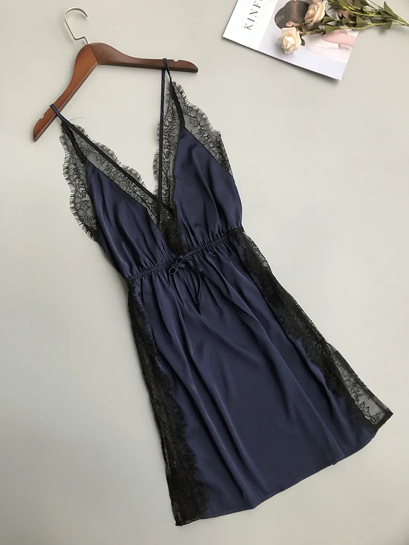 Daeyard шелковая ночная рубашка женское сексуальное кружевное нижнее белье с открытой спиной Ночное платье Летнее без рукавов мини-платье Ночная одежда ночная рубашка