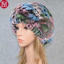 Бренд леди эластичный вязаный Настоящий мех кролика шапочки шапка женская зимняя кролика рекс мех шапки-береты настоящий мех кролика шапка