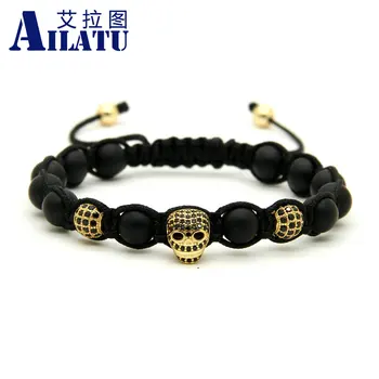 

Ailatu 10pcs/lot 8mm Natural Matte Onyx Stone Black Cz Heart Skull Braided European American Weaving Mens Bracelets