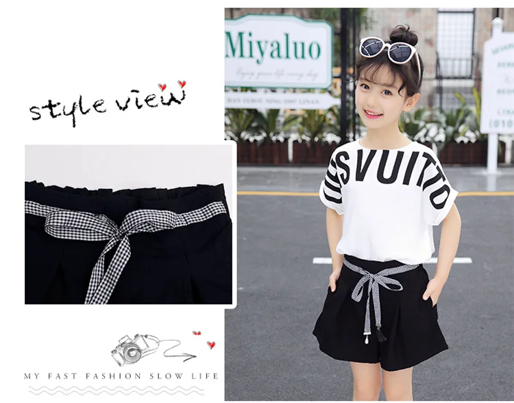 Summer Children Clothing Sets For Girls 2019 Fashion Letter Print Tshirts Tops Shorts Teenage Clothes 2Pcs Kids Suit 10 12 Years (18)