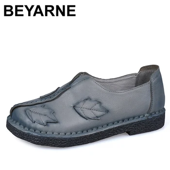 

BEYARNE Retro Autumn Shoe Women Fashion Handmade Leave Comfortable Women Folk Flat Shoe Femme Genuine Leather Soft Driving Shoe