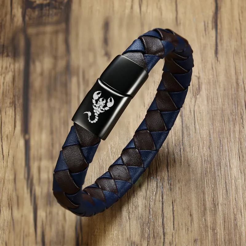 Black Genuine Leather Bracelet Men Free Engraving Custom Logo Scorpion Dragon Wolf Male Boy Bestfriends Gift