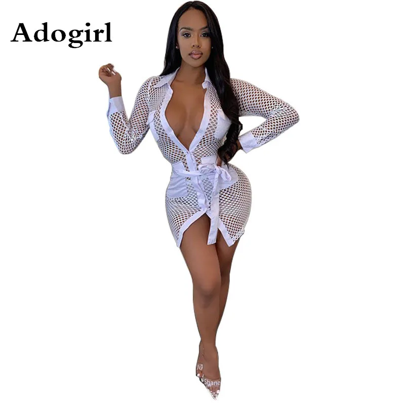 

Adogirl Fishnet Hollow Out Shirt Mini Dress Women Sexy Turn Down Collar V Neck Long Sleeve Pockets Night Club Bodycon Dresses