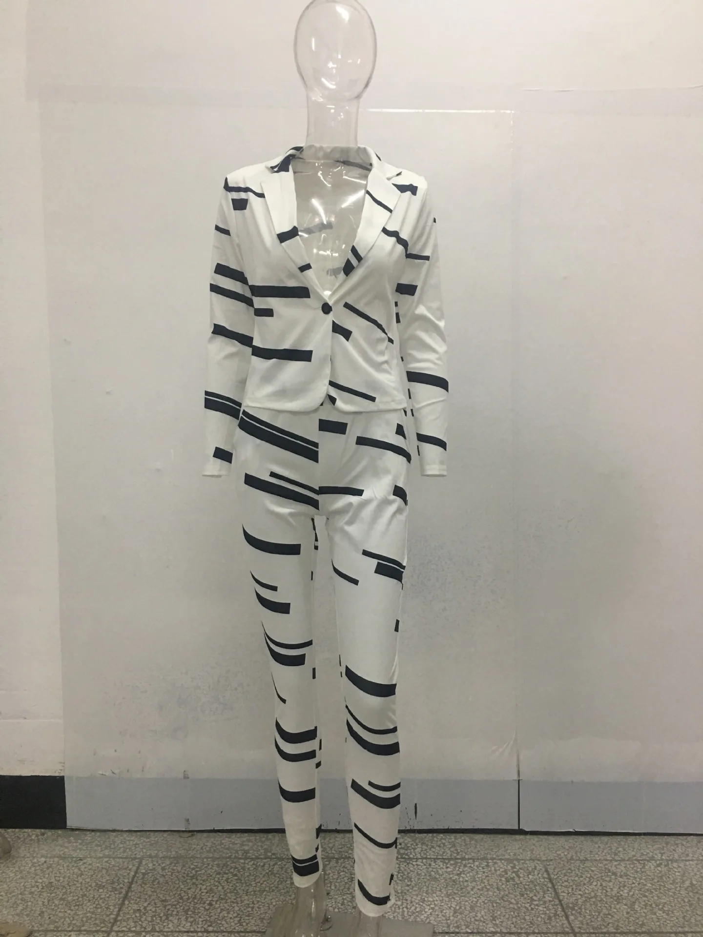 Women s Fashion Black & White Striped Print Shoulder Jacket + Pants Two - piece Set LOW LUV
