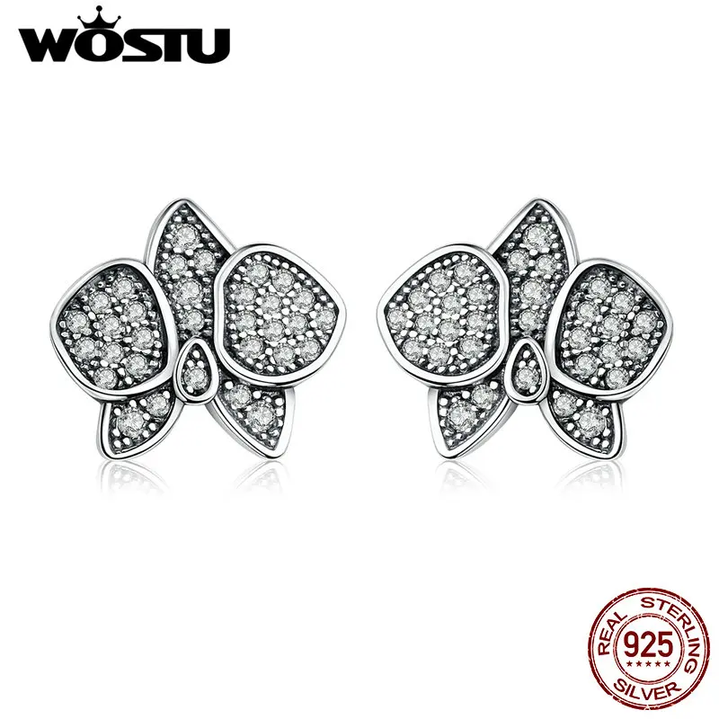 

WOSTU Original S925 Sterling Silver Clear CZ Bright Butterfly Orchid Unique Stud Earrings For Women Wedding Jewelry Gift CQE088