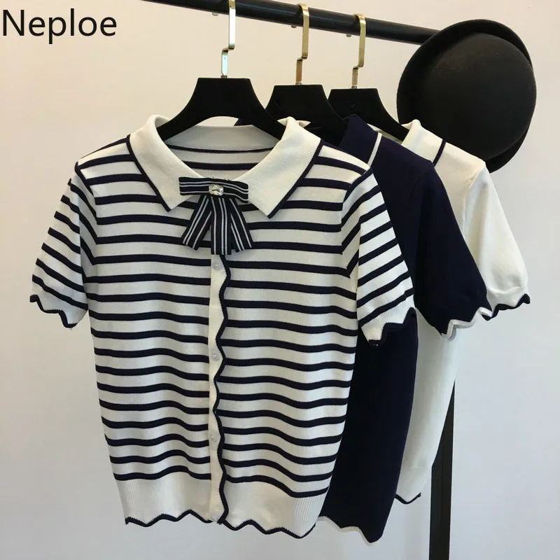 

Neploe Peter Pan Collar Women T Shirts Knitted Bowknot Short Sleeve Tees Summer 2019 Single Breasted Korean Ladies Tops 44219