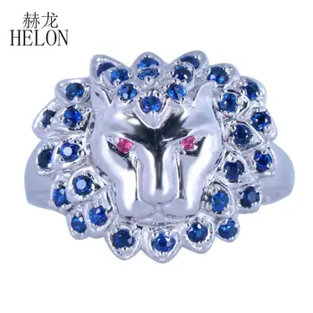 

HELON Solid 14k White Gold Lion Head Ring 0.64ct Genuine Rubies & Sapphires Jewelry Fine Ring Engagement Wedding Party Ring